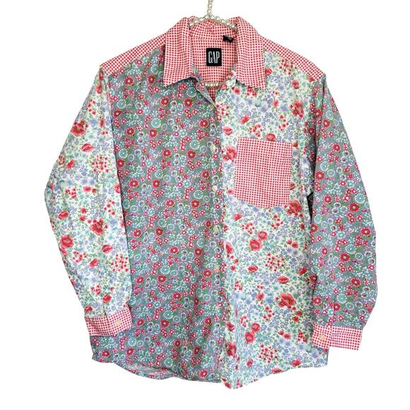 Vintage Gap Brand Gingham Floral Patchwork Shirt XL Boho Cottage Western Retro - Picture 1 of 8